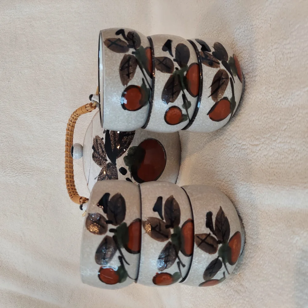 Japanese Gray Tea Set with Teapot 6 Cups Speckled Stoneware Red Black Accents